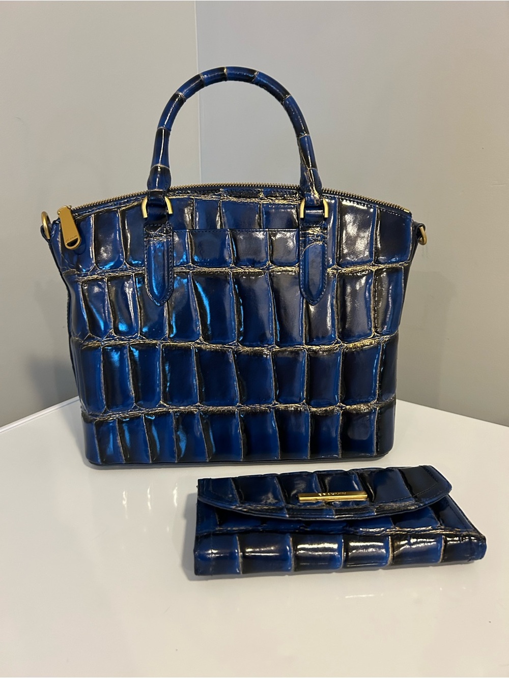 Brahmin Blue Croc-Embossed Leather Satchel with Wallet - Picture 2 of 4